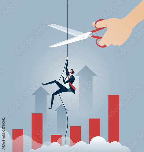 Businessman climbing on rope meanwhile a giant hand with scissors cutting the rope - Business concept vector