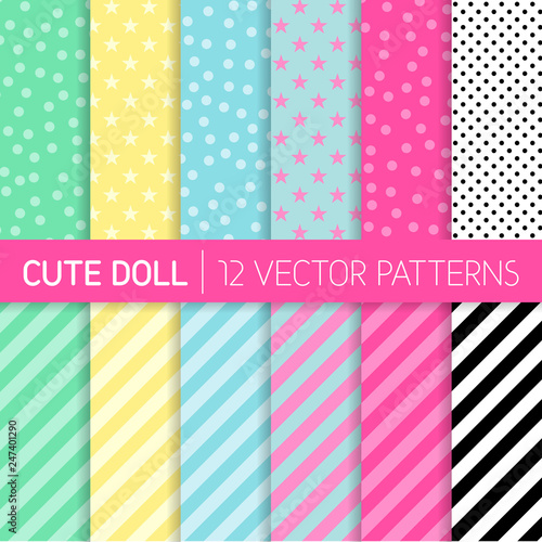 Cute Girly LOL Doll Style Vector Patterns. Pastel Pink, Blue, Mint Green, Yellow, Black and White Polka Dots, Stars and Stripes. Kids Birthday Party Decor. Repeating Pattern Tile Swatches Included.