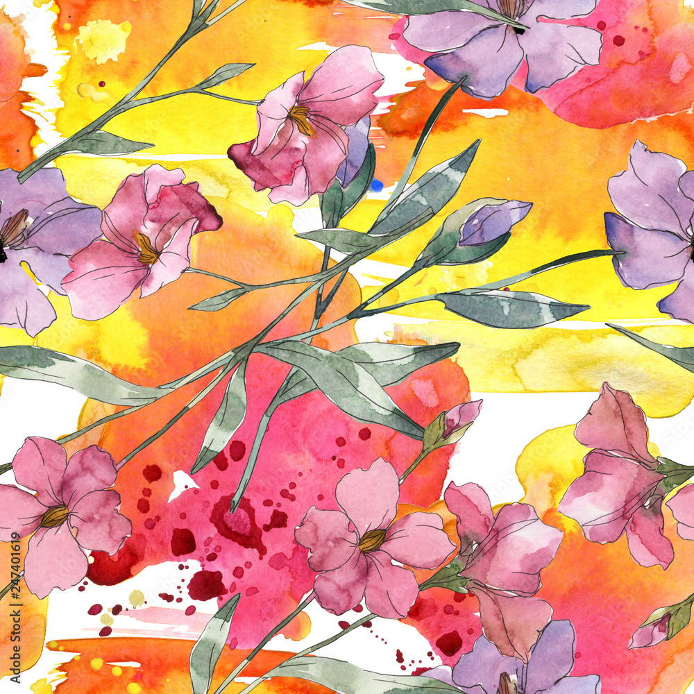 Pink and purple flax floral botanical flower. Watercolor illustration set. Seamless background pattern.
