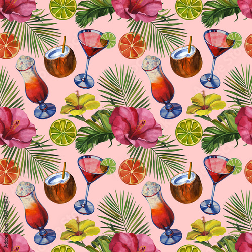 Watercolor pattern with tropical palm leaves, bananas, pineapples, drinks party and flowers. Seamless pattern