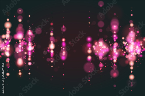 Pink bokeh sparkle glitter lights luxury glamor background. Abstract defocused circular party magic christmas background. New year glamorous elegant, shiny, pink christmas background. EPS 10.