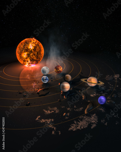 Solar system eight planets. Mercury, Venus, planet Earth, Mars, Jupiter, Saturn, Uranus, Neptune. Science and education background. Elements of this image furnished by NASA.