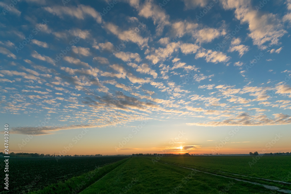Sunset with altocumulus clouds over the dutch polder landscape near Gouda.  Scenic picture with a beautiful sky with sheep clouds over the dutch countryside.
