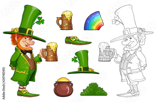 Gnome leprechaun with mug of beer. Fairy-tale irish character
