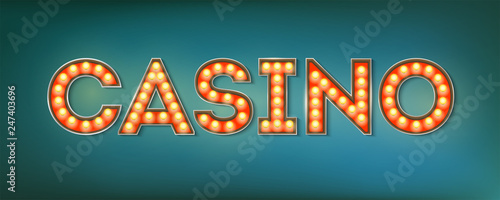 Illuminated street sign in the vintage style. 3d vector illustration on casino theme with lighting bulbs and design of text on grunge blue background. Template for posters, cover, leaflets.