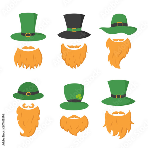 Set of different piece photo booth props with Irish leprechaun (hat and beard).