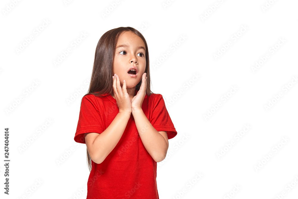 Portrait of little surprised girl excited scared. Isolated on white background Portrait of little surprised girl excited scared. Isolated on white background