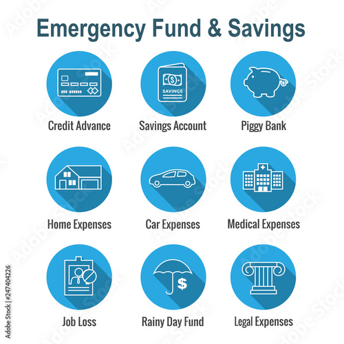 Financial Emergency Fund Icons  - Home or House, Car or Vehicle Damage, Job Loss or Unemployment, and Hospital / Medical Bills