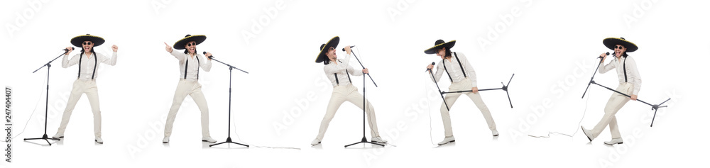 Funny man wearing mexican sombrero hat isolated on white Funny man wearing mexican sombrero hat isolated on white