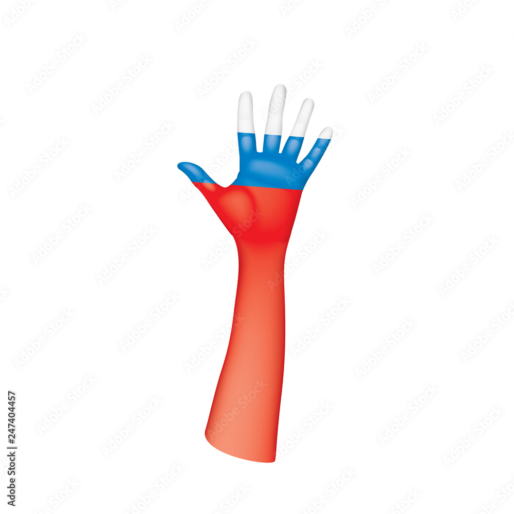 Russia flag and hand on white background. Vector illustration Russia flag and hand on white background. Vector illustration