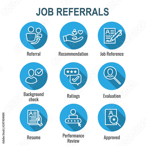 Referral Job Reference Icon Set with recommendations, performance review, etc