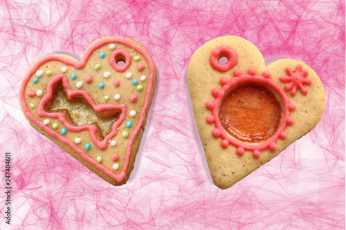 Cookies in the form of hearts on a red background, composition to the day of Saint Valentine.