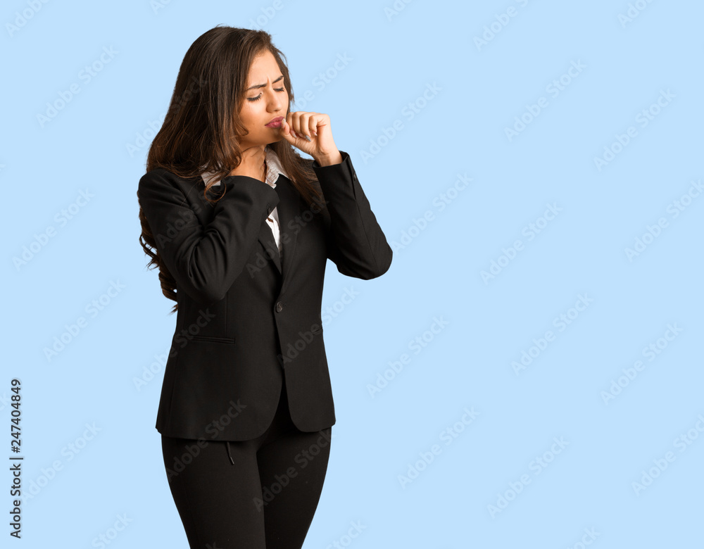 Full body young busines woman coughing, sick due a virus or infection Full body young busines woman coughing, sick due a virus or infection