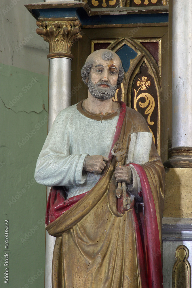Statue of Apostle Saint Peter on the altar of the Virgin Mary in the church of Saint Martin in Sv. Martin pod Okicem, Croatia 
