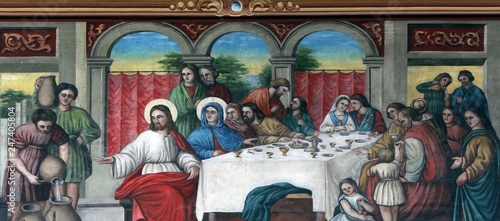 Fényképezés The Wedding at Cana, fresco in the church of Saint Matthew in Stitar, Croatia