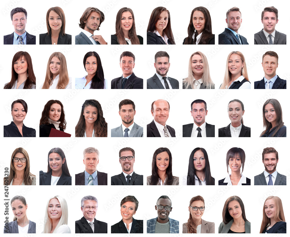 collage of portraits of successful employees isolated on white collage of portraits of successful employees isolated on white