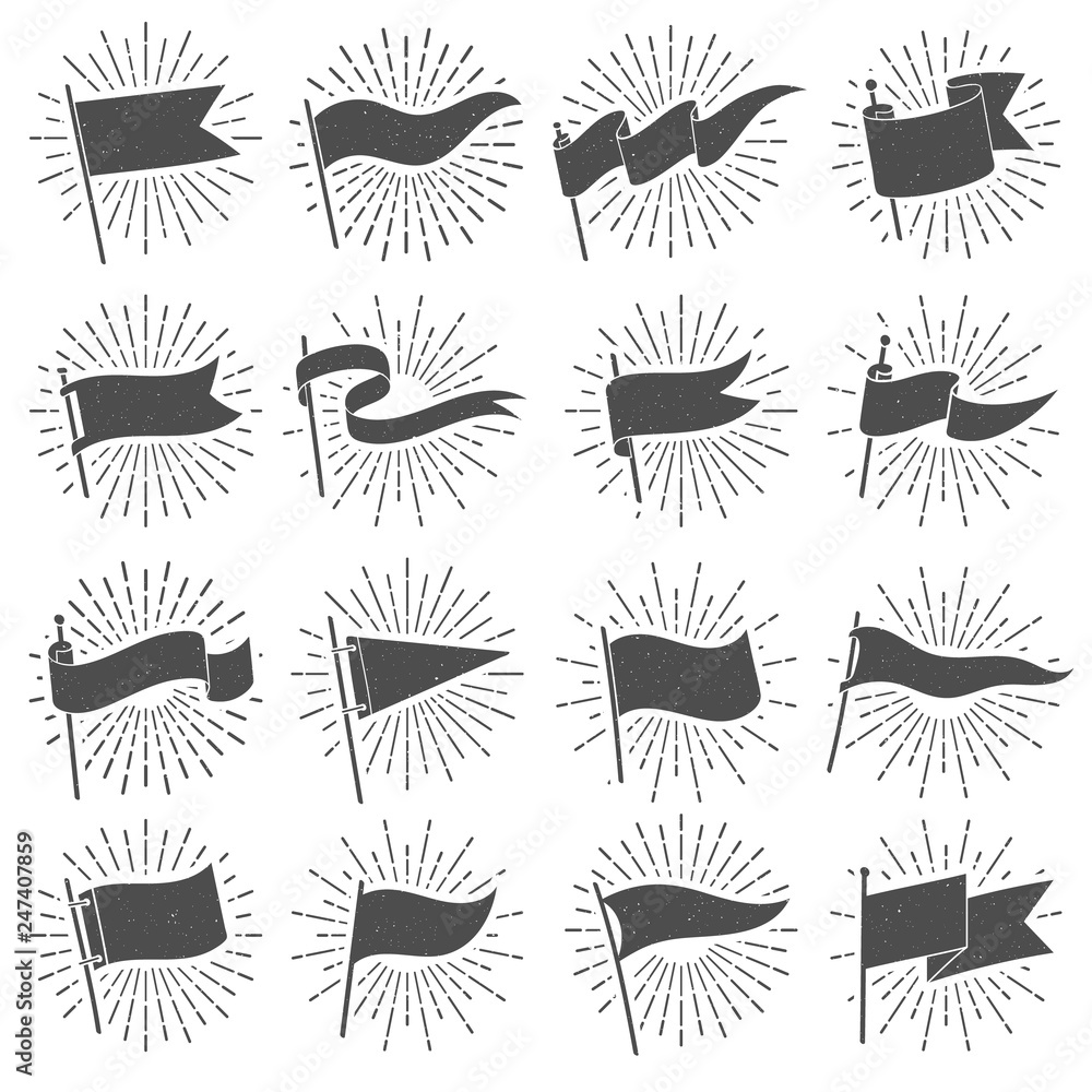 Flag silhouette banner. Vintage star burst flags, ripped banners signs