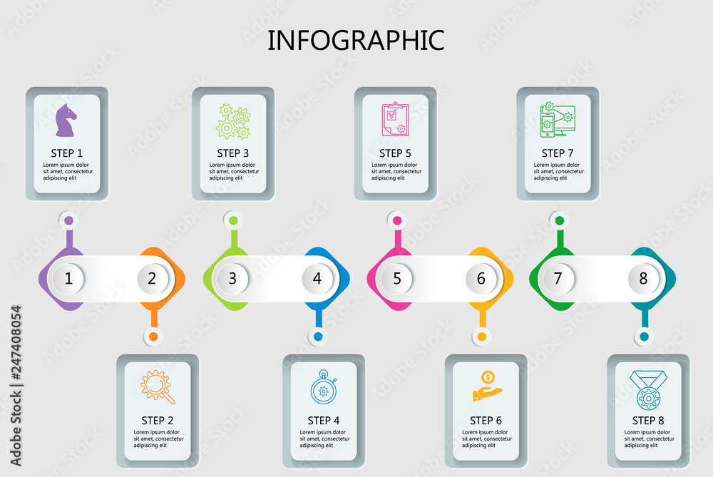 Thin line minimal Infographic design template with icons and 8 options or steps.It can be used for process diagram, presentations, workflow layout, banner, flow chart, info graph. Thin line minimal Infographic design template with icons and 8 options or steps.It can be used for process diagram, presentations, workflow layout, banner, flow chart, info graph.