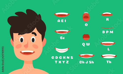 Male lips sync animation. Man character talking mouth expressions, speaking face animations flat vector illustration