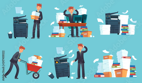 Office documents copier. Printed business papers, businessman broke printer and documents copy machine cartoon vector illustration