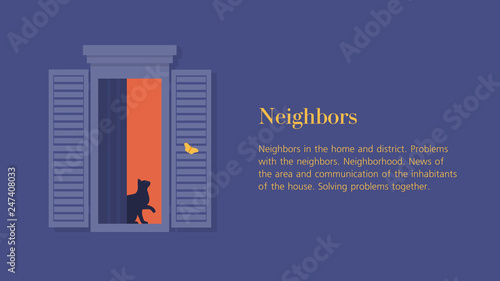 Cat in the open window. Neighbors. Facade of a residential building. Summer night. Vector flat illustration