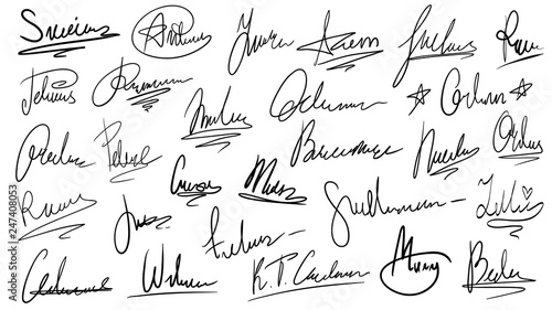 Handwritten signature. Manual signatures, manuscript sign for documents and hand drawn autograph lettering isolated vector set