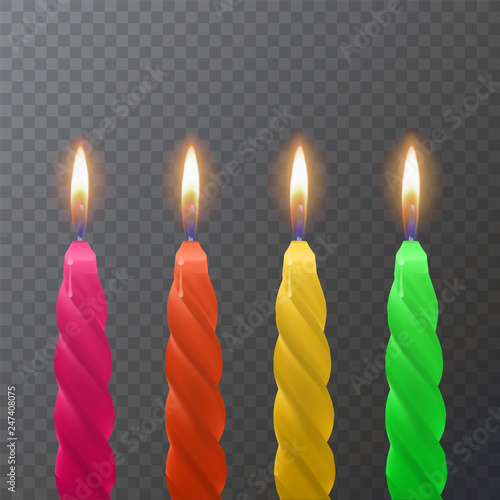 Realistic candles of bright colors, Burning candles on dark background, vector illustration