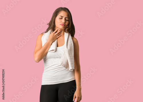 Full body young fitness curvy woman coughing  sick due a virus or infection