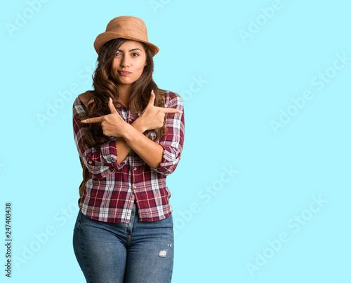 Full body young traveler curvy woman decide between two options