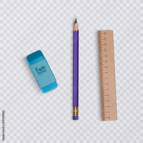 A realistic pencil with a eraser and ruler on a transparent background, stationery and school goods, vector eps 10 illustration