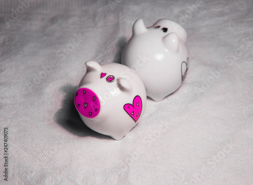 pink piggy bank on blue background