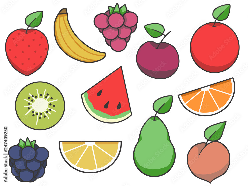 Simple fruit vector icon collection with strawberry, apple, pear, lemon, peach, kiwi, banana, raspberry, cherry, orange and blackberry Simple fruit vector icon collection with strawberry, apple, pear, lemon, peach, kiwi, banana, raspberry, cherry, orange and blackberry