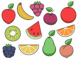 Simple fruit vector icon collection with strawberry, apple, pear, lemon, peach, kiwi, banana, raspberry, cherry, orange and blackberry
