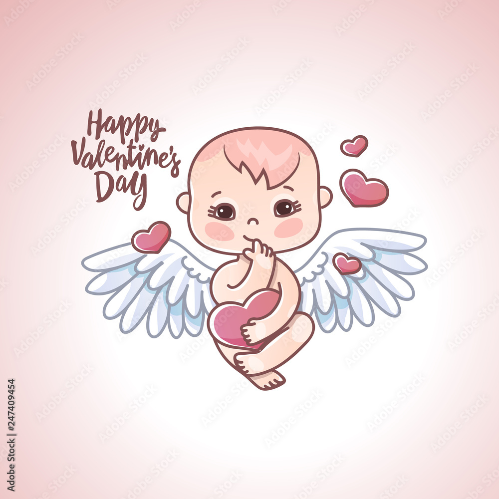 Angel baby with heart in hands on a white background. Greeting card for Valentine's day. Angel baby with heart in hands on a white background. Greeting card for Valentine's day.
