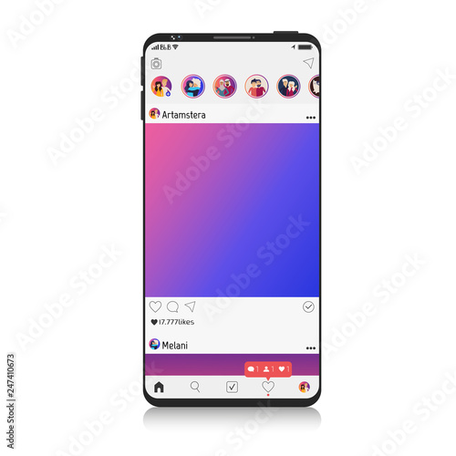 New Mock up of social network on Smartphone, mobile realistic style. Flat design Photo frame vector illustration white background. Instagram Style Colour and profile. EPS 10