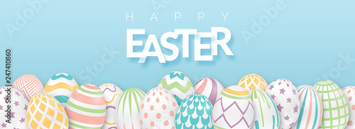 Easter background with text and 3d ornate eggs. Illustration in soft colors. Cute easter banner, poster, flyer or greeting card