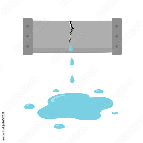 The crack in the pipe. Dripping water pipe icon, trumpet break in cartoon style on white background.