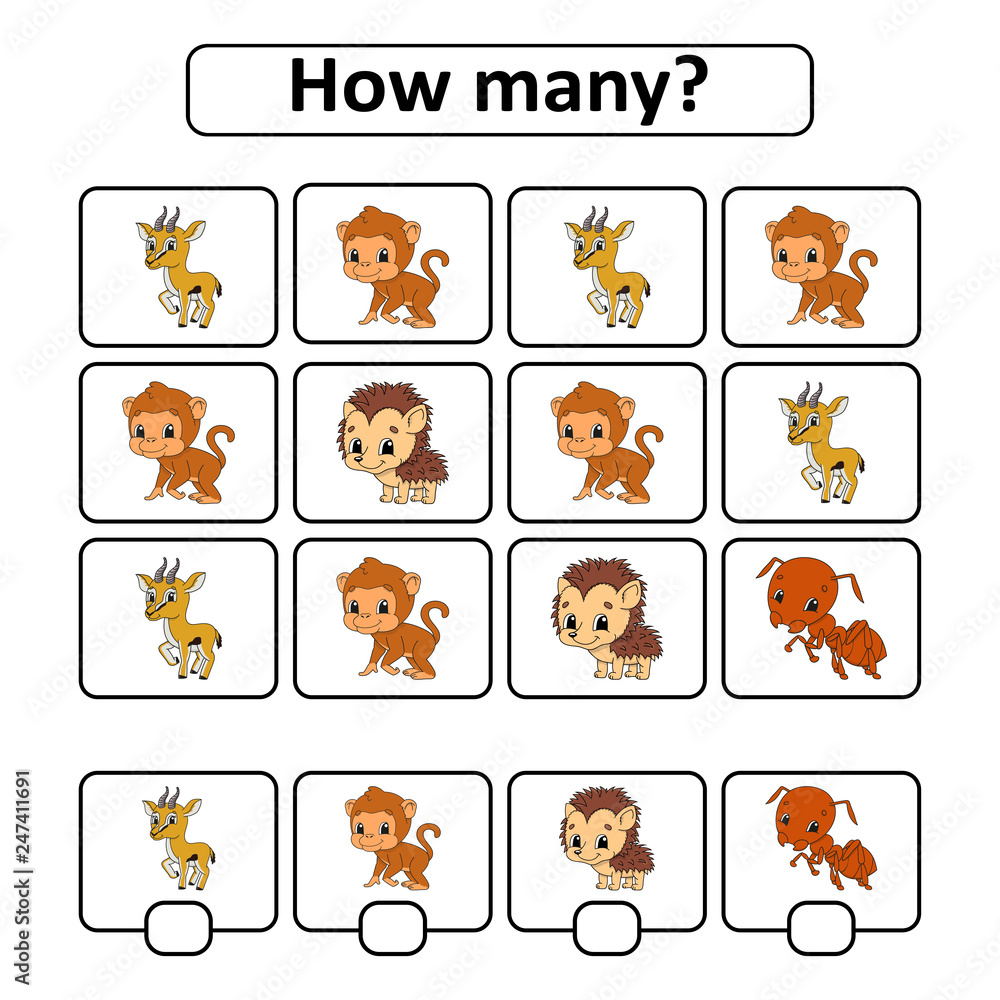 Counting game for children of preschool age. Learning mathematics. How many animals in the picture. With space for answers. Simple flat isolated vector illustration in cute cartoon style. Counting game for children of preschool age. Learning mathematics. How many animals in the picture. With space for answers. Simple flat isolated vector illustration in cute cartoon style.