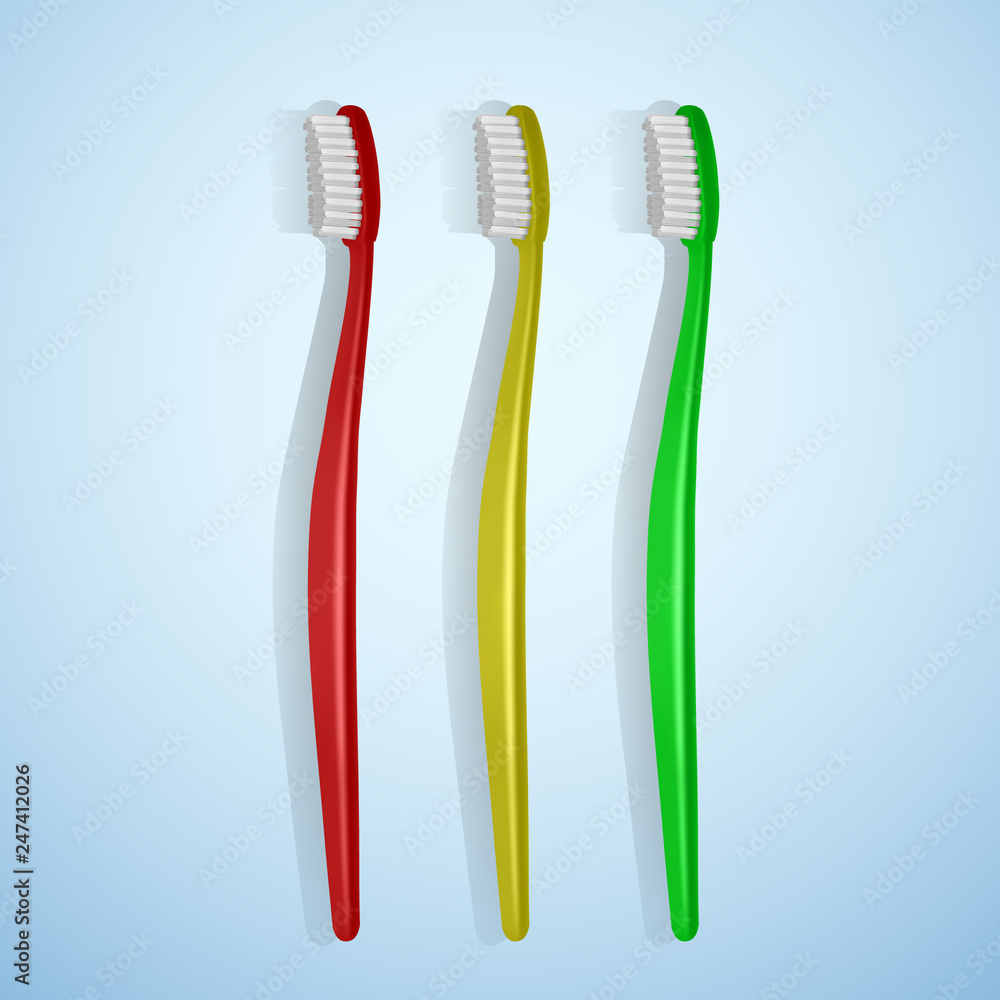 Set Of Realistic Toothbrushes in Red, yellow and Green colors on Blue Background. Vector illustration Set Of Realistic Toothbrushes in Red, yellow and Green colors on Blue Background. Vector illustration