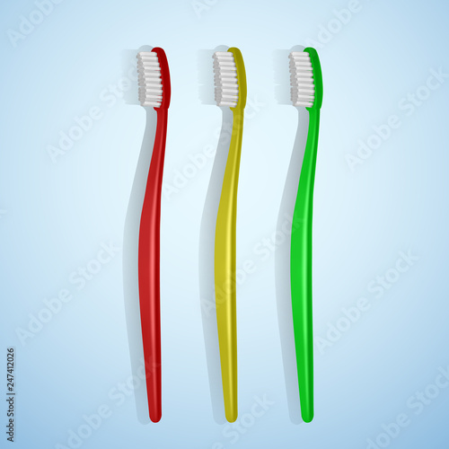 Set Of Realistic Toothbrushes in Red  yellow and Green colors on Blue Background. Vector illustration