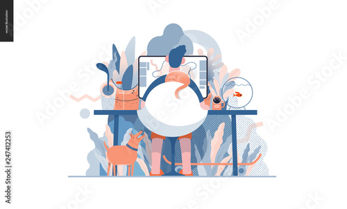Technology 3 -Home Office - modern flat vector concept digital illustration home office metaphor, a freelancer guy working at home with pets and plants. Creative landing web page design template