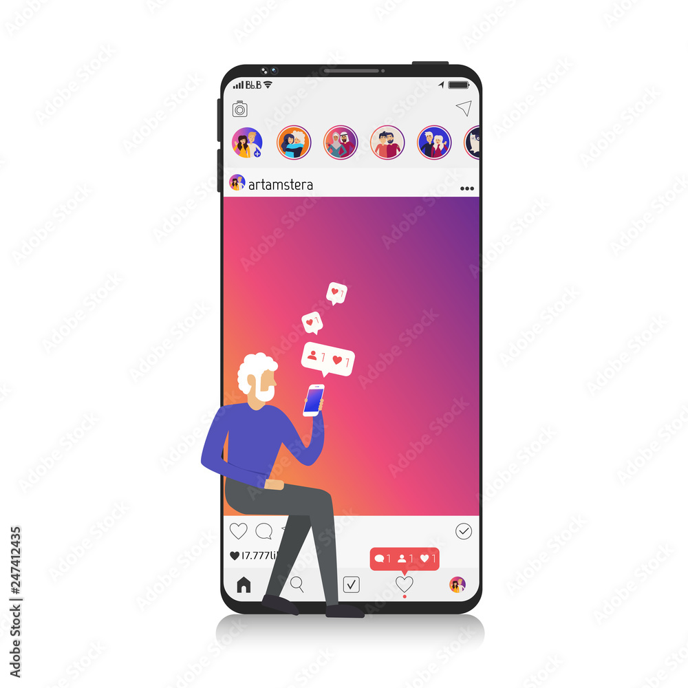 Social network on Smartphone, mobile realistic style. Flat design Photo  frame vector illustration white background, profile, account, liked, man.  Instagram Style Colour. EPS 10 Stock Vector | Adobe Stock