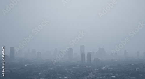 Pollution concepts with smog on city landscape in morning. health care and protection background images