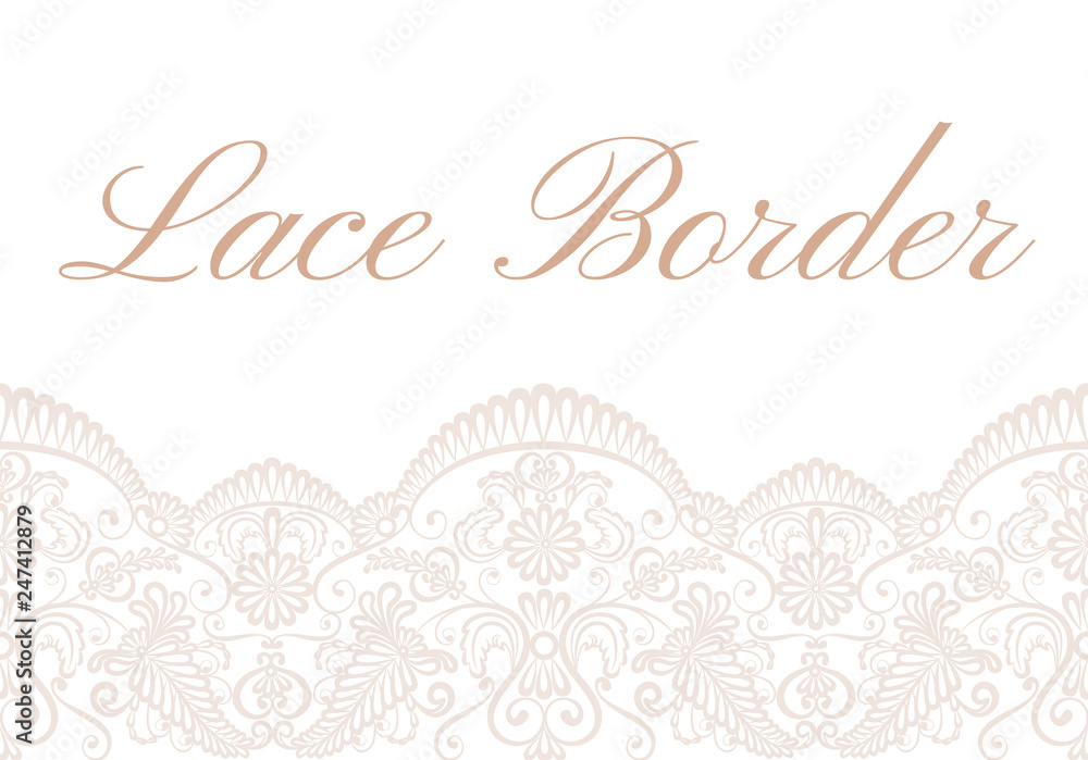 Template of card with white lace border on beige background
