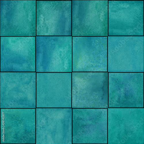 Abstract geometric seamless pattern with squares. Dark teal watercolour artwork.