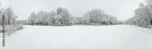 Panoramic aerial view of winter beautiful landscape with trees covered with hoarfrost and snow. Winter scenery from above. Landscape photo captured with drone.