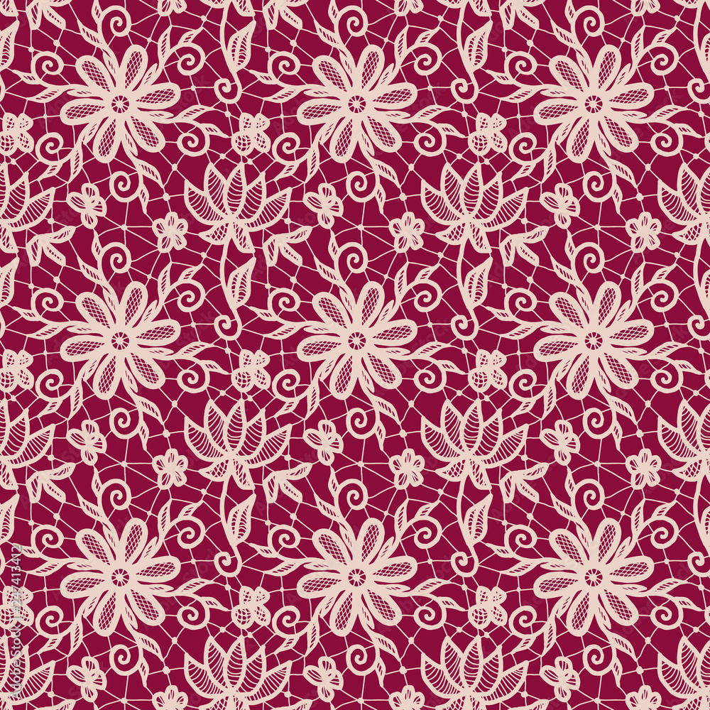 Seamless red lace background with floral pattern