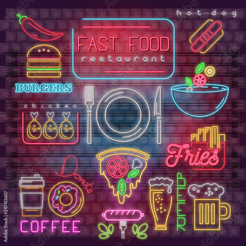 Neon Fast Food Icons Set