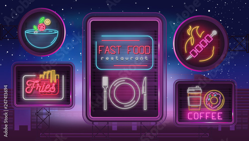 Night Neon Banners for Fast Food Restaurant