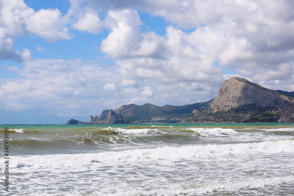 Landscapes of the Crimea. View of Mount Sokol and Cape Kapchik from Sudak Bay.